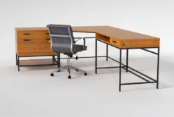 Hollis 3Pc Corner Desk + Moby Grey Low Back Rolling Office Chair -Modern Office Shop 309921 brown wood desk and chair set side 19
