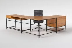 Hollis 3Pc Corner Desk + Moby Grey High Back Rolling Office Chair -Modern Office Shop 309922 brown wood desk and chair set back 65