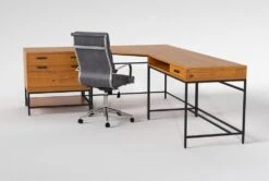 Hollis 3Pc Corner Desk + Moby Grey High Back Rolling Office Chair -Modern Office Shop 309922 brown wood desk and chair set side 19